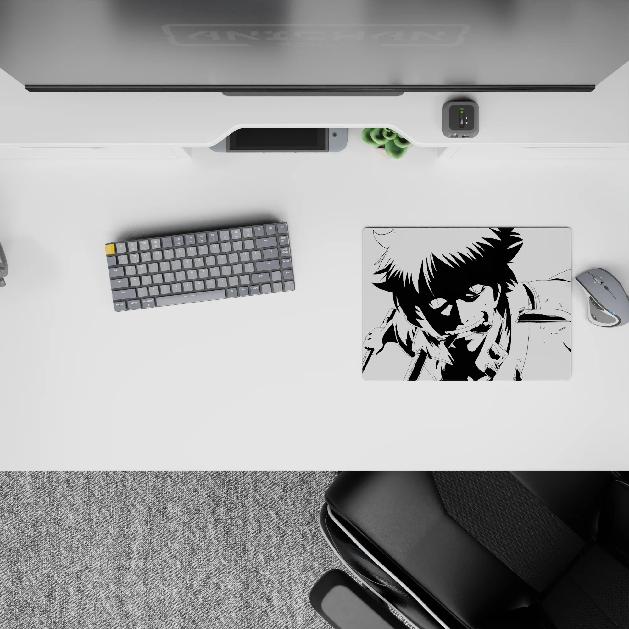 Black and white high-contrast anime mouse pad 14x10 inches with deep shadows and intense danger vibe.