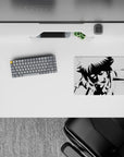 Black and white high-contrast anime mouse pad 14x10 inches with deep shadows and intense danger vibe.