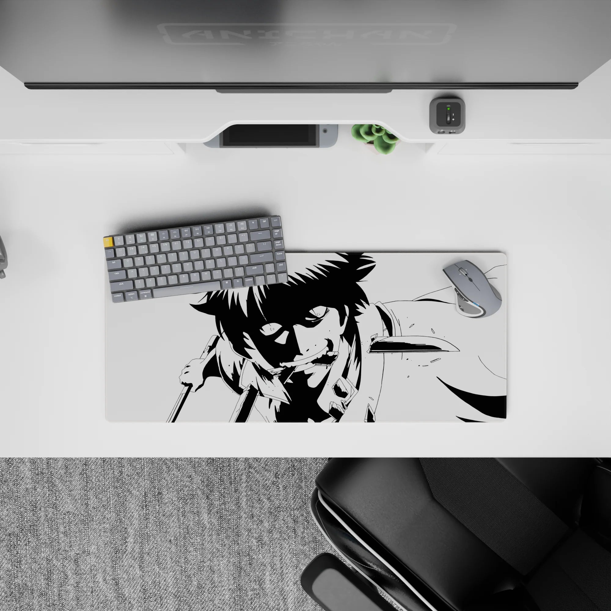 28x12 inches black and white anime mouse pad, deep shadows and gritty danger vibe for long sessions.