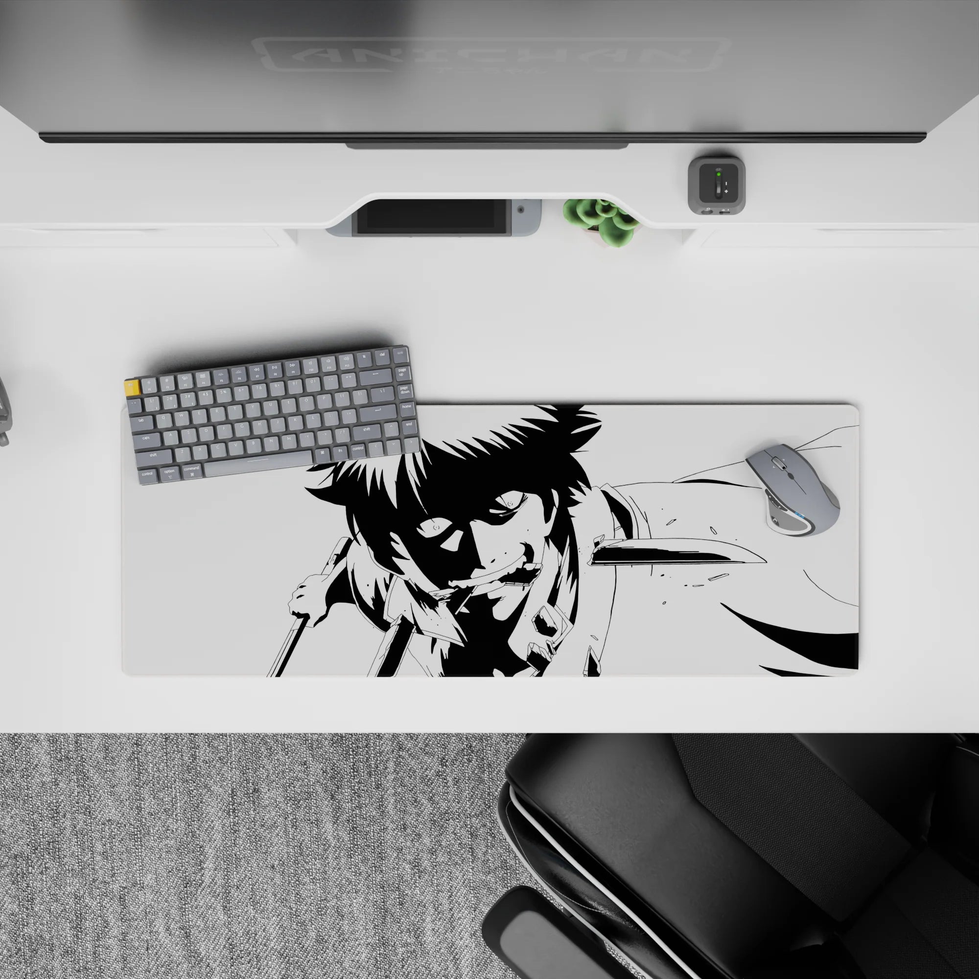 32x12 inches black and white anime mouse pad, high-contrast shadows and gritty danger vibe for gaming.