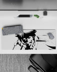 32x12 inches black and white anime mouse pad, high-contrast shadows and gritty danger vibe for gaming.