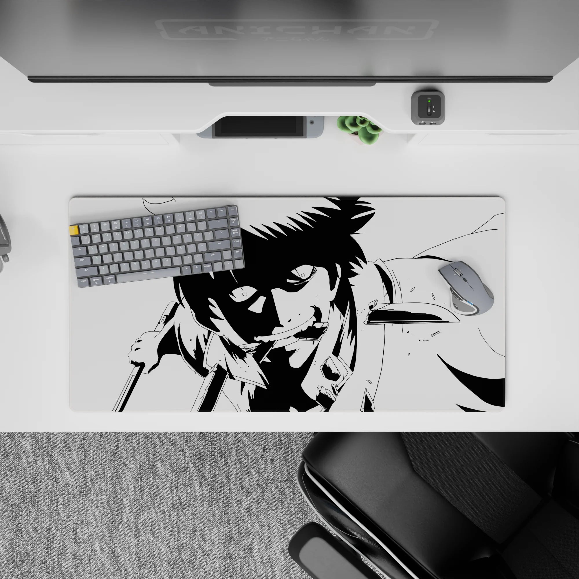32x16 inches black-and-white anime mouse pad, high-contrast shadows and gritty danger vibe for long sessions.