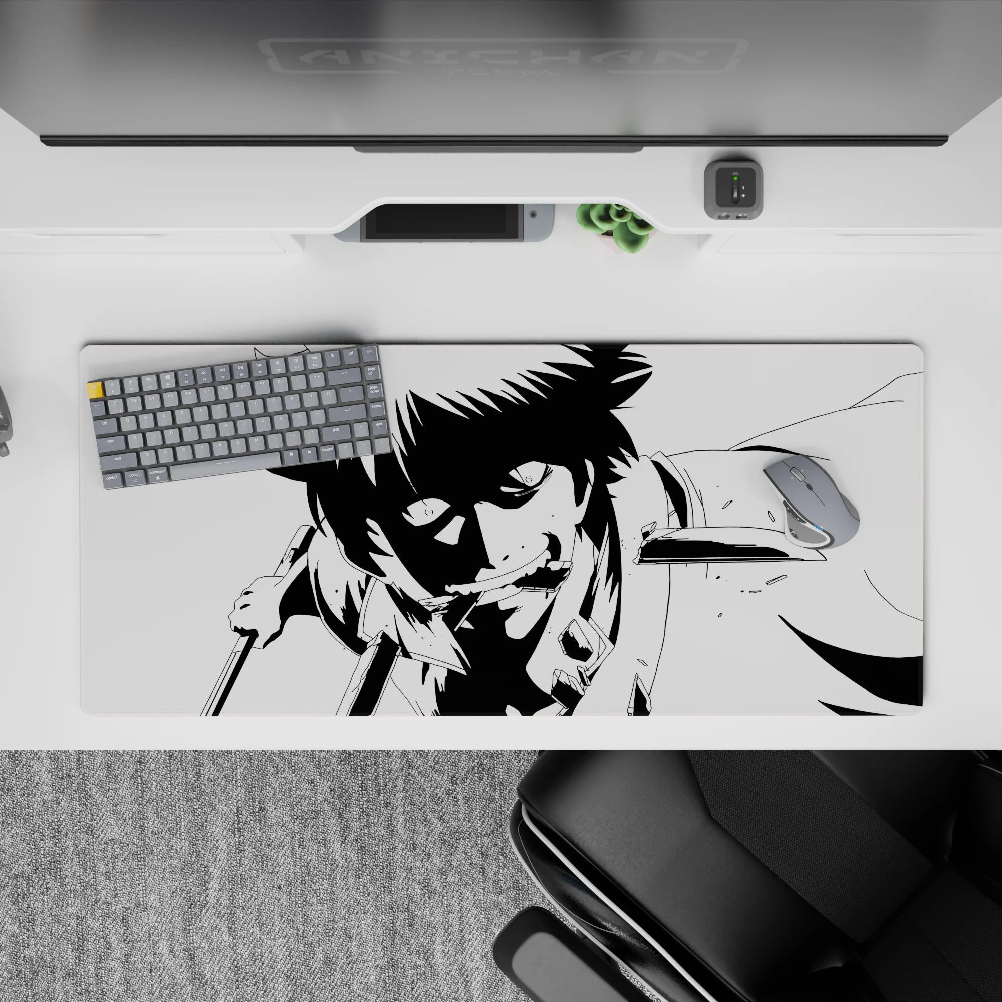 36x16 inches anime desk pad in high-contrast black and white, gritty shadows and danger-charged vibe.