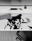 36x16 inches anime desk pad in high-contrast black and white, gritty shadows and danger-charged vibe.