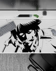 40x20 inches anime desk pad in high-contrast black and white, gritty shadows and danger vibe.