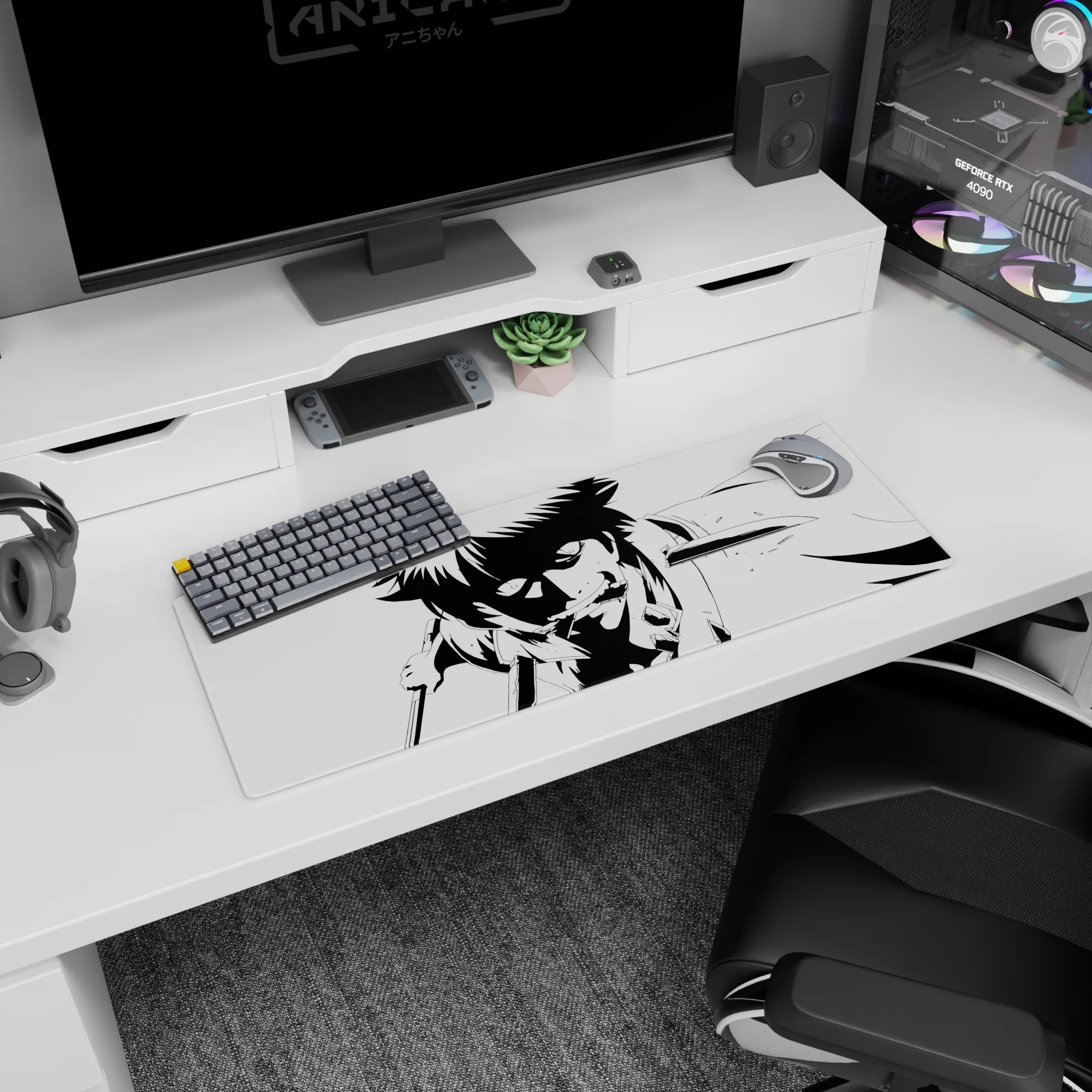 32x12 inches anime mouse pad showing a wild-eyed fighter lunging forward, teeth bared, hair spiked.