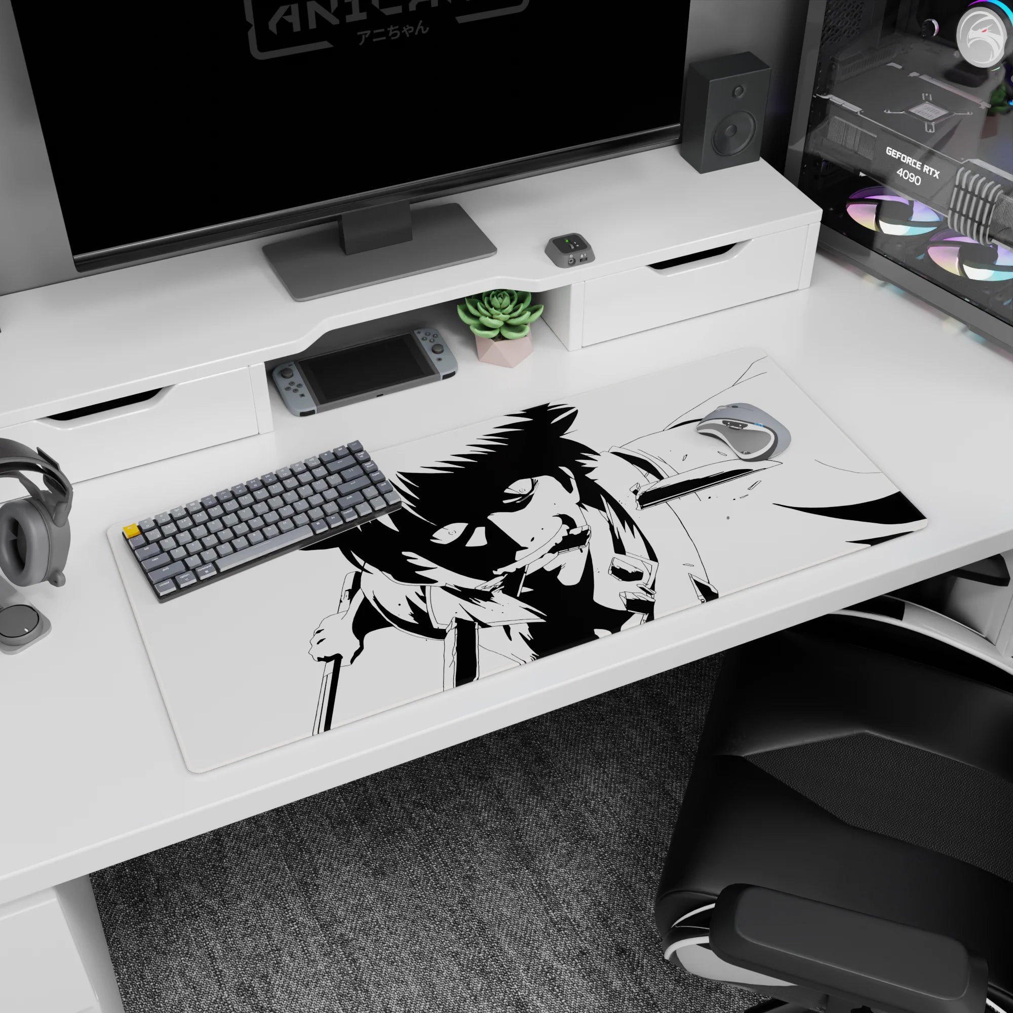 36x16 inches anime desk pad showing wild-eyed spiky-haired fighter lunging forward, teeth bared.