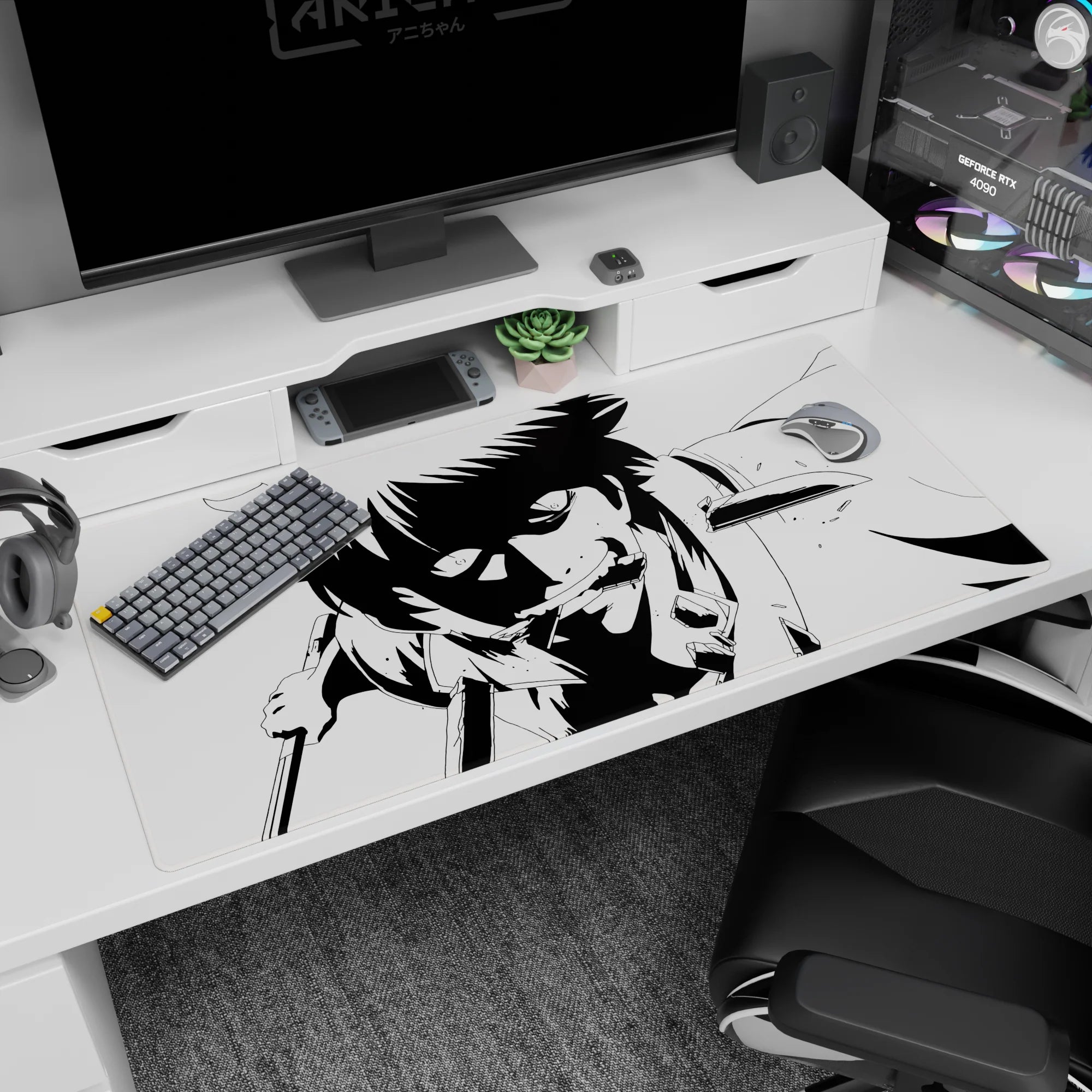 40x20 inches anime desk pad showing wild-eyed spiky-haired fighter lunging forward, teeth bared.