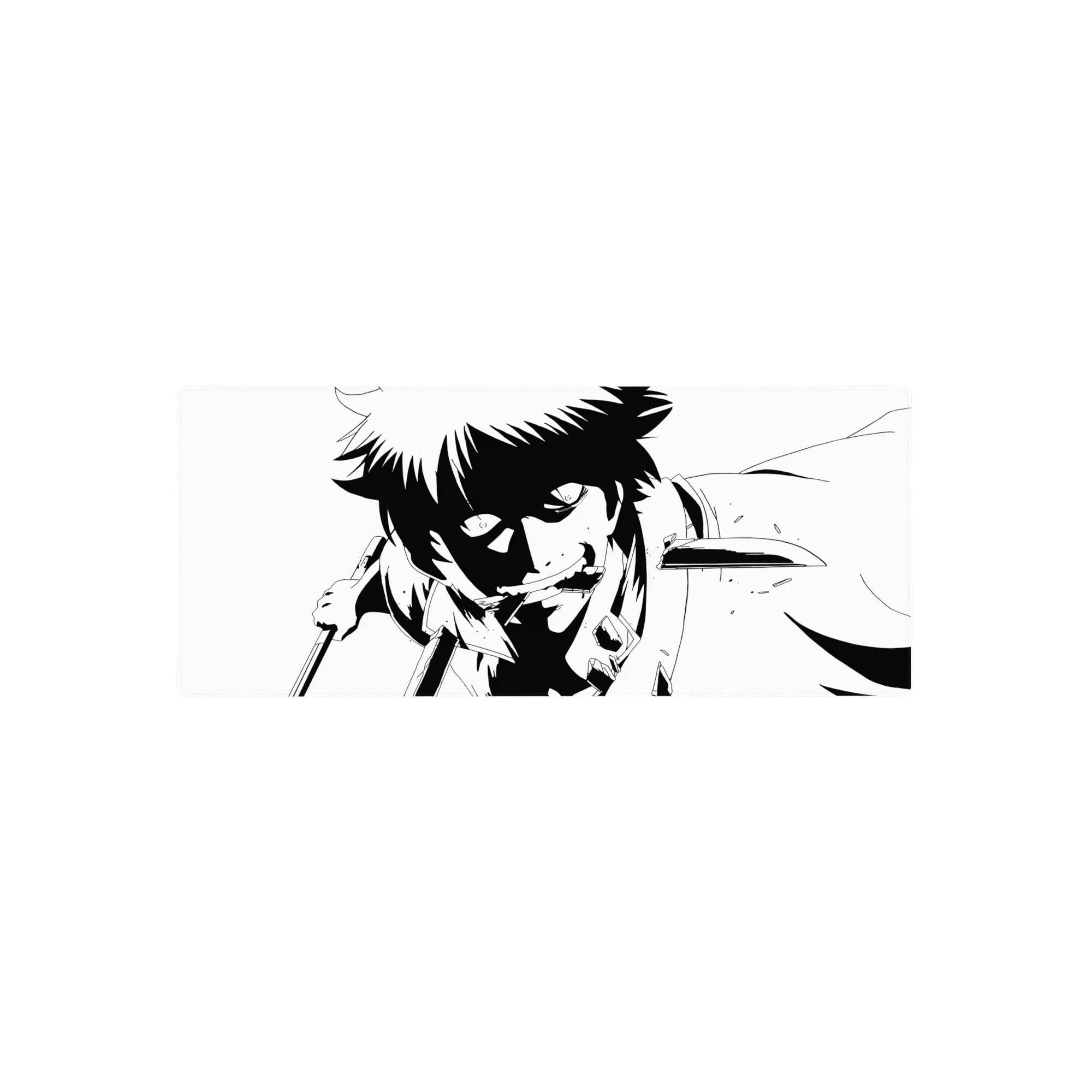 28x12 inches anime mouse pad with high-contrast ink art of a lunging fighter, sharp lines and splatter.