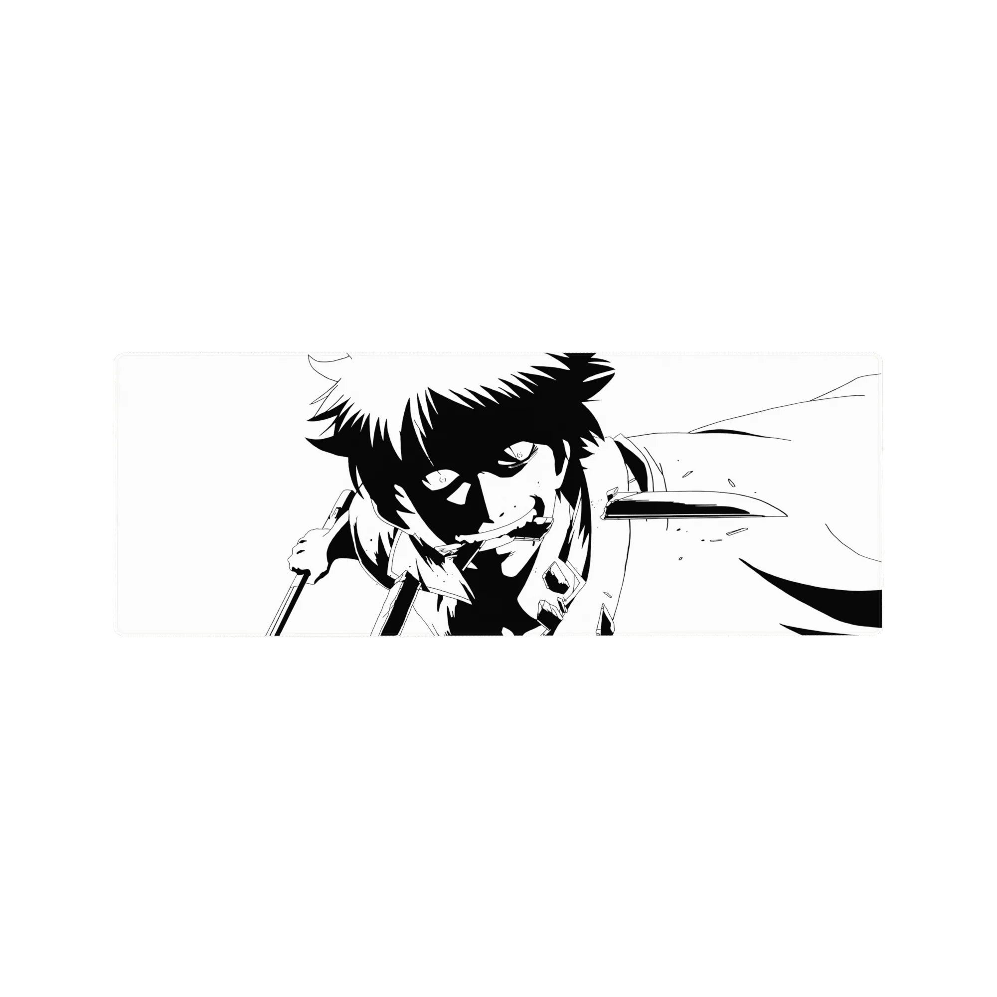 32x12 inches anime mouse pad with black-and-white ink art of a spiky-haired fighter and splatter accents.
