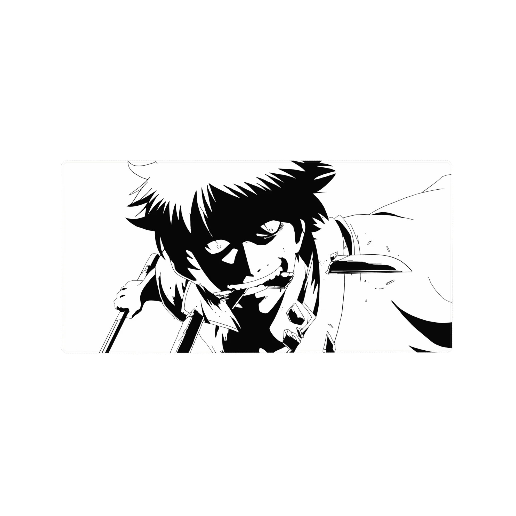32x16 inches anime mouse pad with spiky-haired fighter art, sharp armor lines, splatter accents, crisp ink.