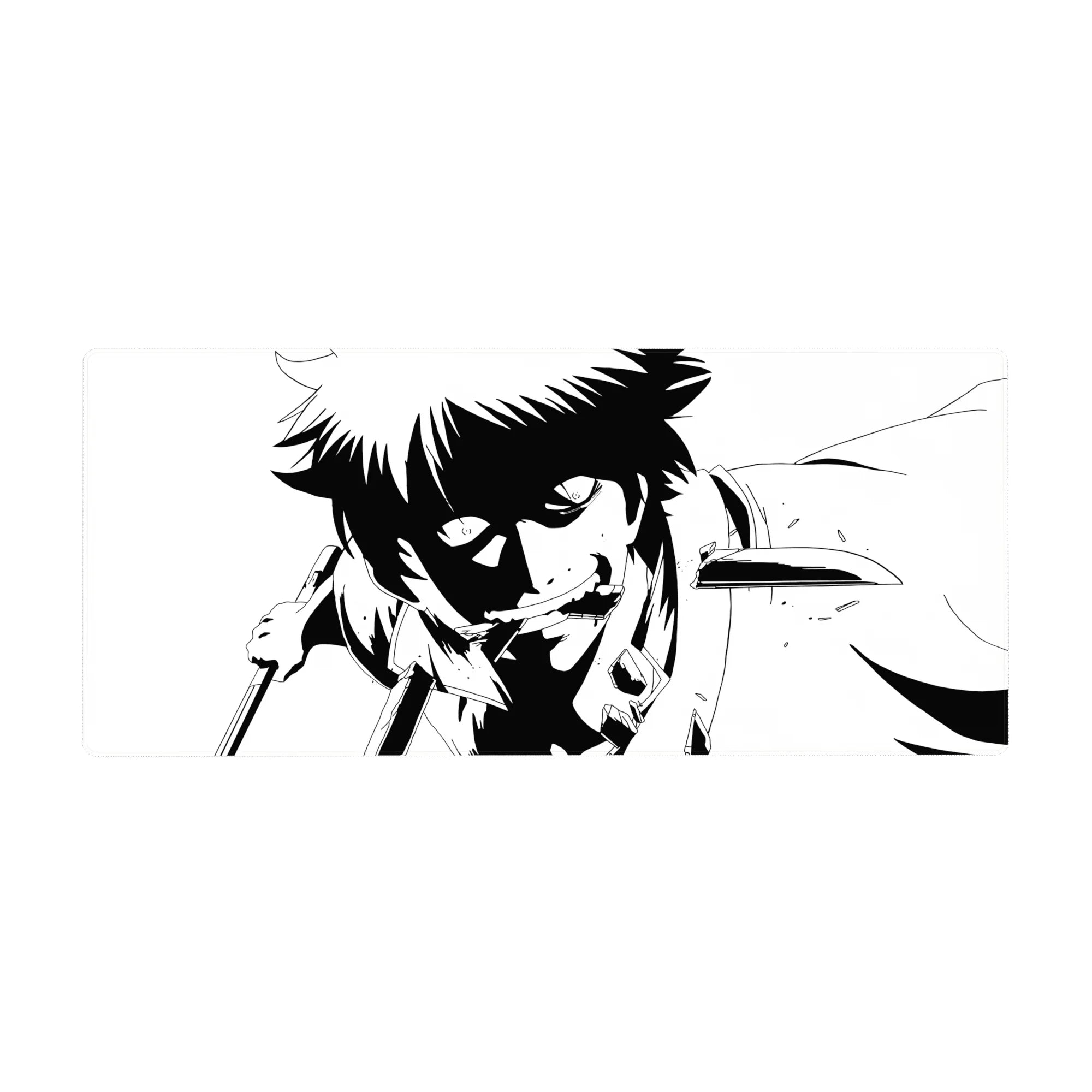 36x16 inches anime desk pad with black-and-white ink fighter illustration, sharp lines and splatter accents.
