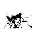 36x16 inches anime desk pad with black-and-white ink fighter illustration, sharp lines and splatter accents.