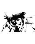 40x20 inches anime desk pad with black-and-white ink fighter art, sharp lines, splatter accents.