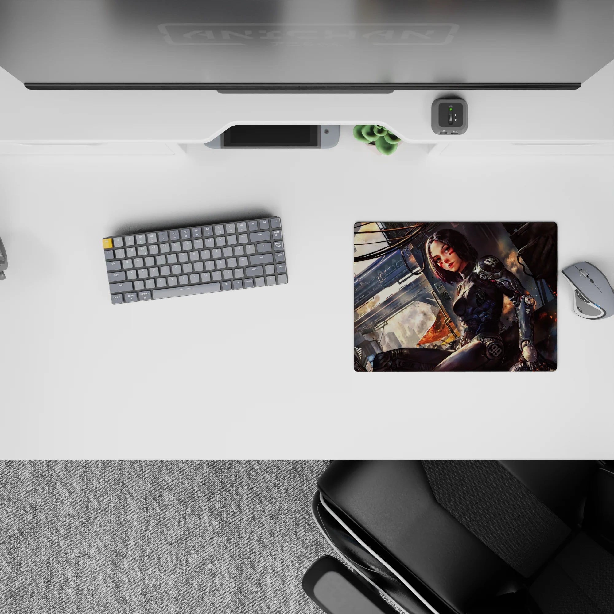 Neon noir anime mouse pad 14x10 inches with warm blush tones, orange smoke glow, gritty cozy night mood.
