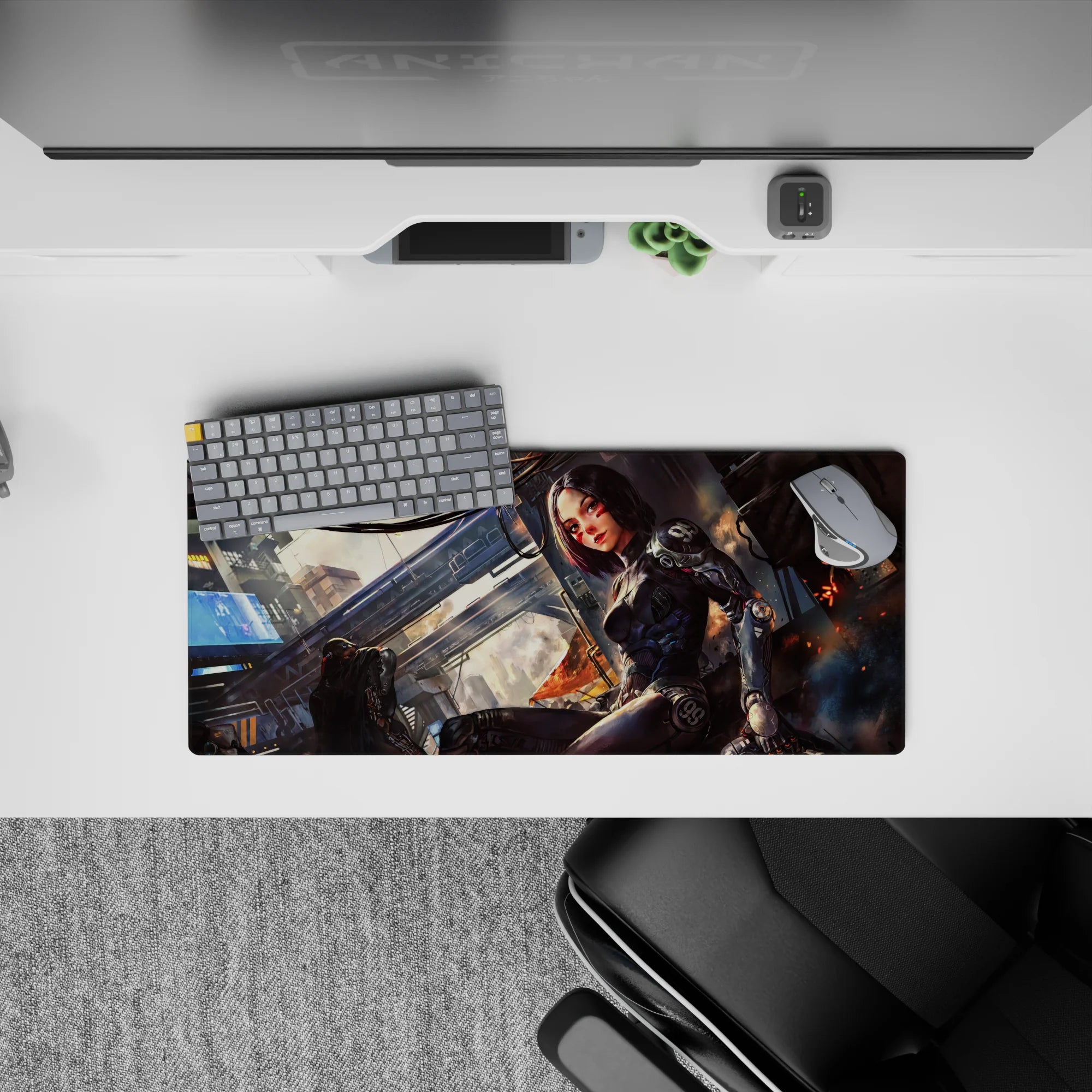 Warm blush tones on a gritty neon night anime mouse pad 28x12 inches, orange glow and cozy gaming vibe.