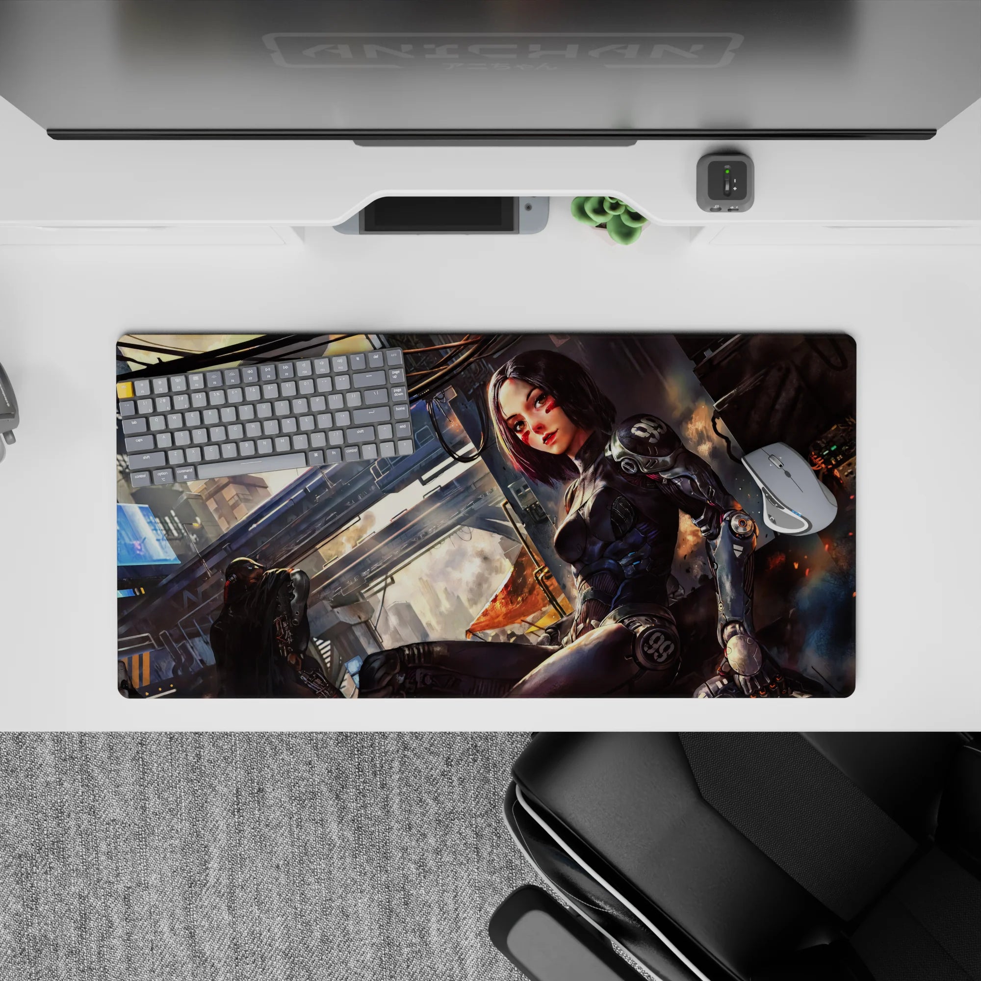 Anime girl mouse pad 32x16 inches in warm neon noir tones, orange smoke glow, gritty cozy late-night vibe.
