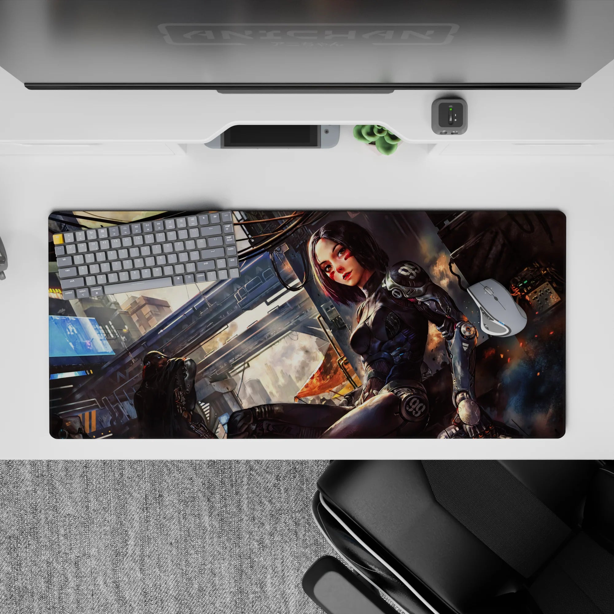 36x16 inches anime desk pad in warm gritty neon, soft blush cheeks, orange city smoke, cozy late-night vibe.