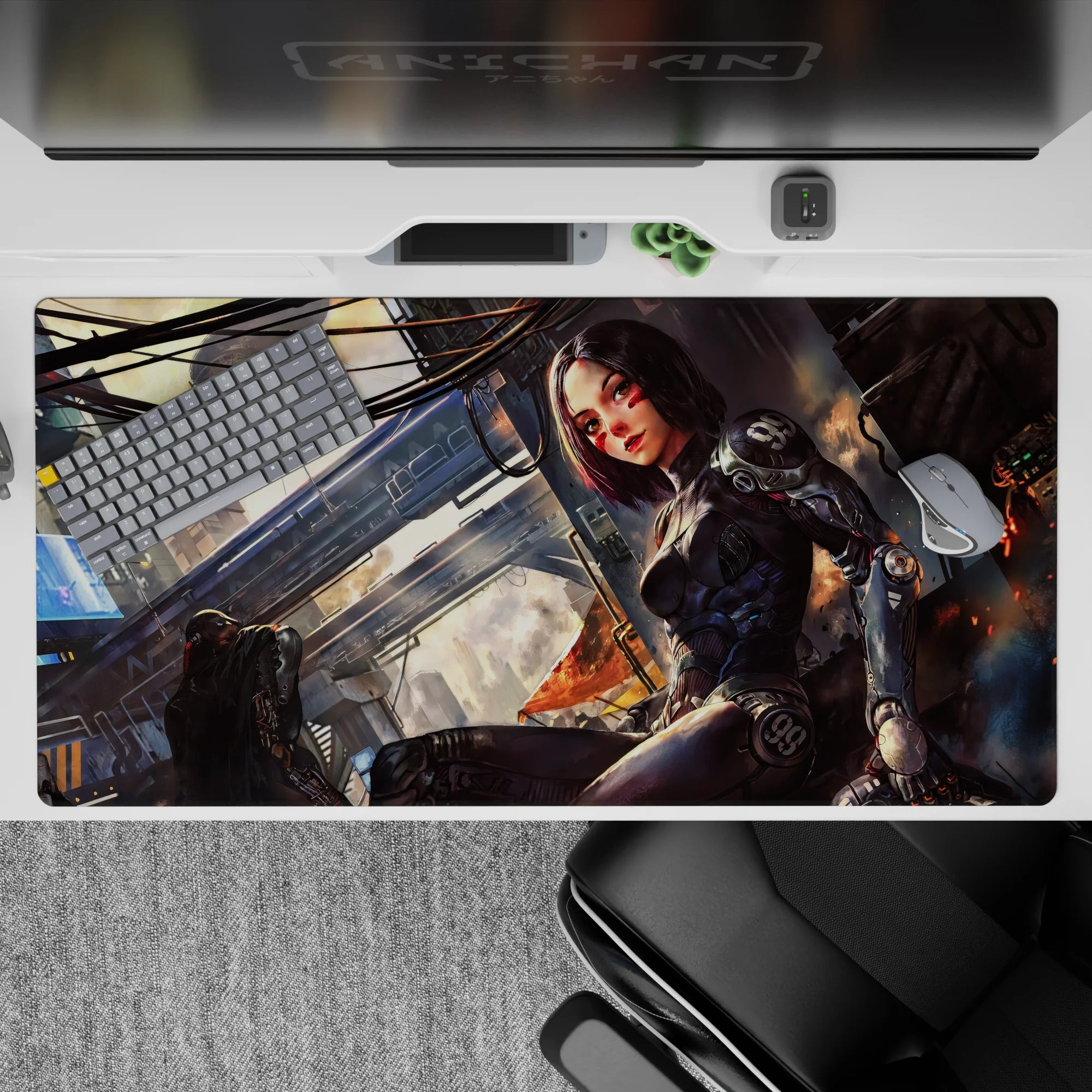 40x20 inches anime desk pad in warm blush and orange glow, gritty neon skyline smoke for late-night gaming.