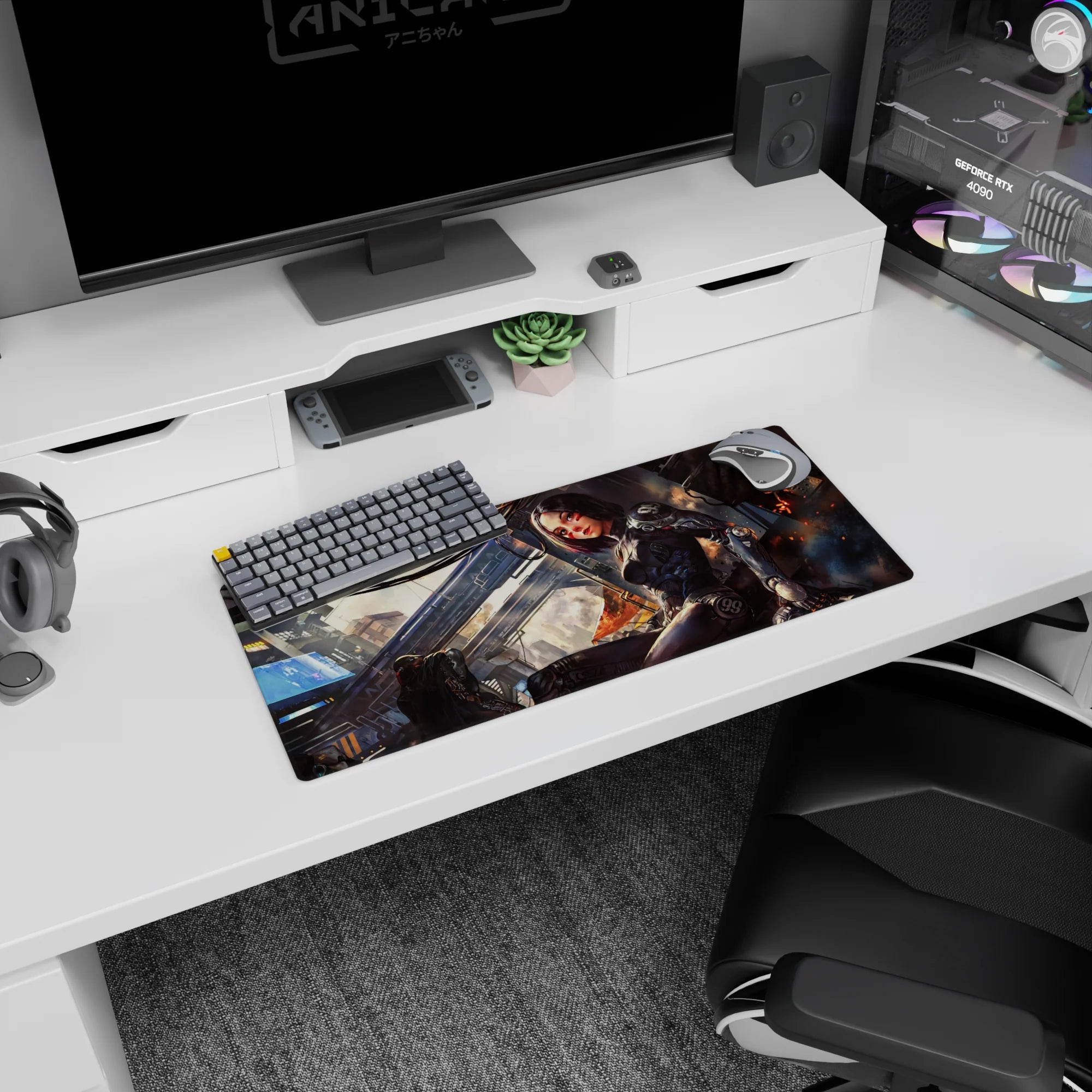 Cyberpunk anime girl with short black bob lounging knee-up on rooftop mouse pad 28x12 inches.