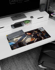 Cyberpunk anime girl with short black bob lounging knee-up on rooftop mouse pad 28x12 inches.