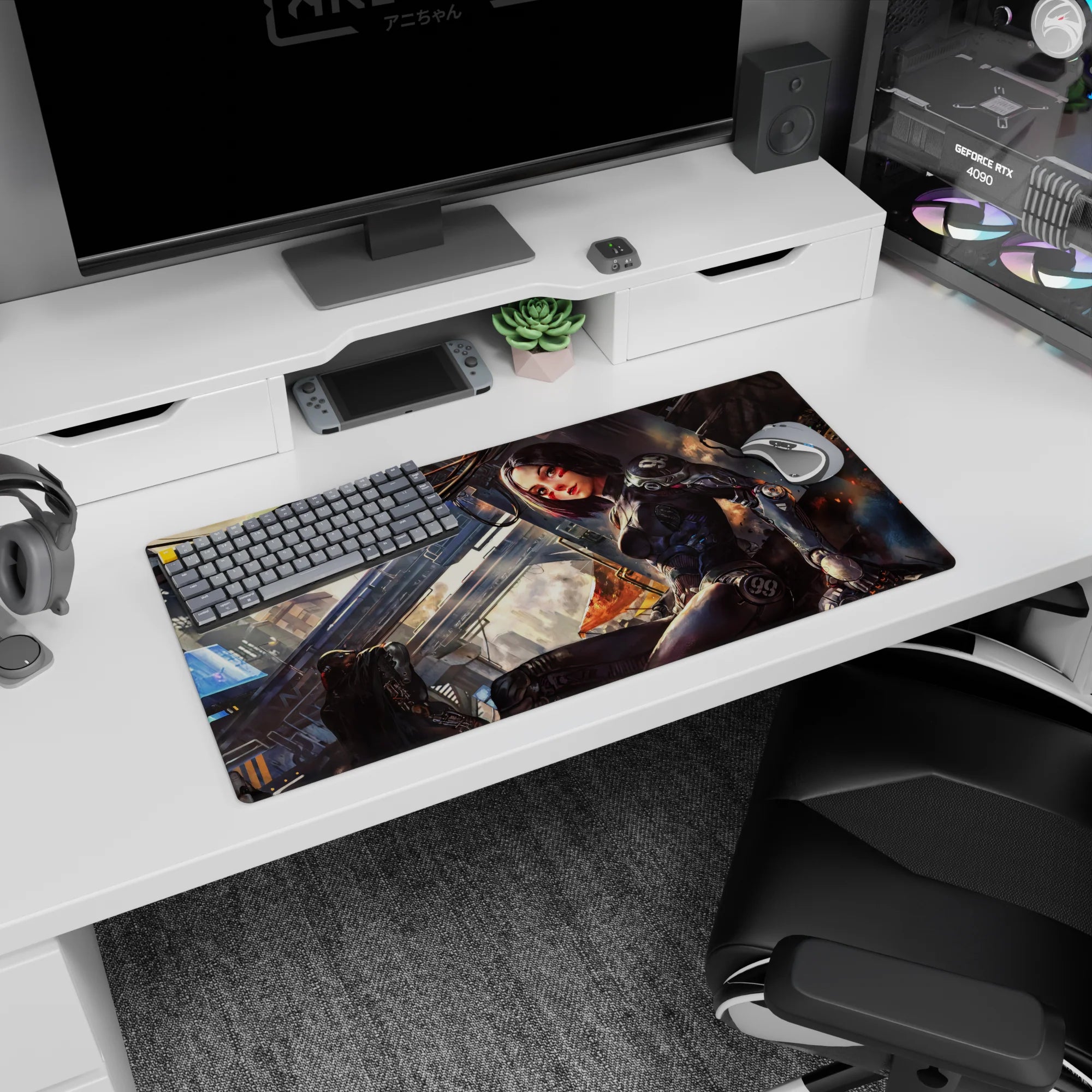Anime girl mouse pad 32x16 inches showing a calm cyberpunk girl lounging knee-up, cables curling overhead.
