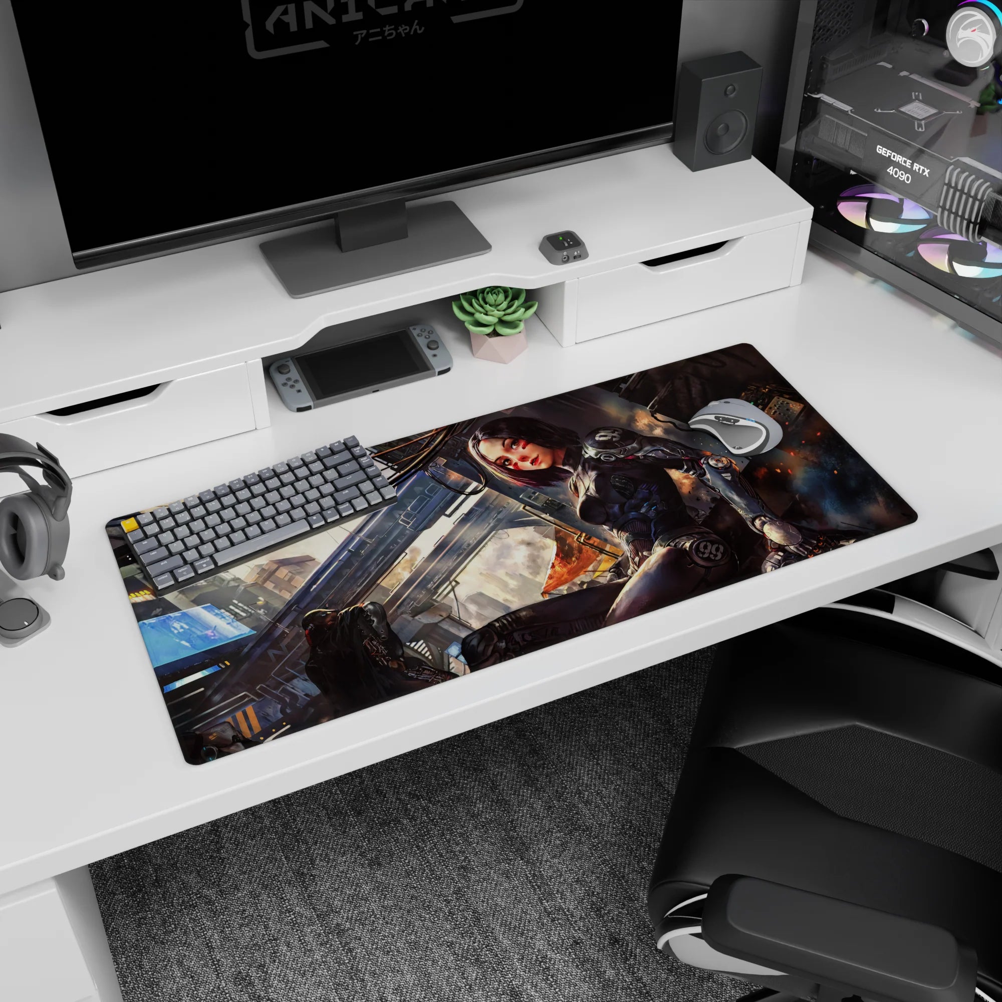 36x16 inches desk pad showing an anime girl lounging on a rooftop, knee up, cables overhead, sharp gaze.
