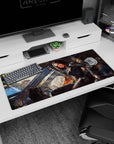 36x16 inches desk pad showing an anime girl lounging on a rooftop, knee up, cables overhead, sharp gaze.