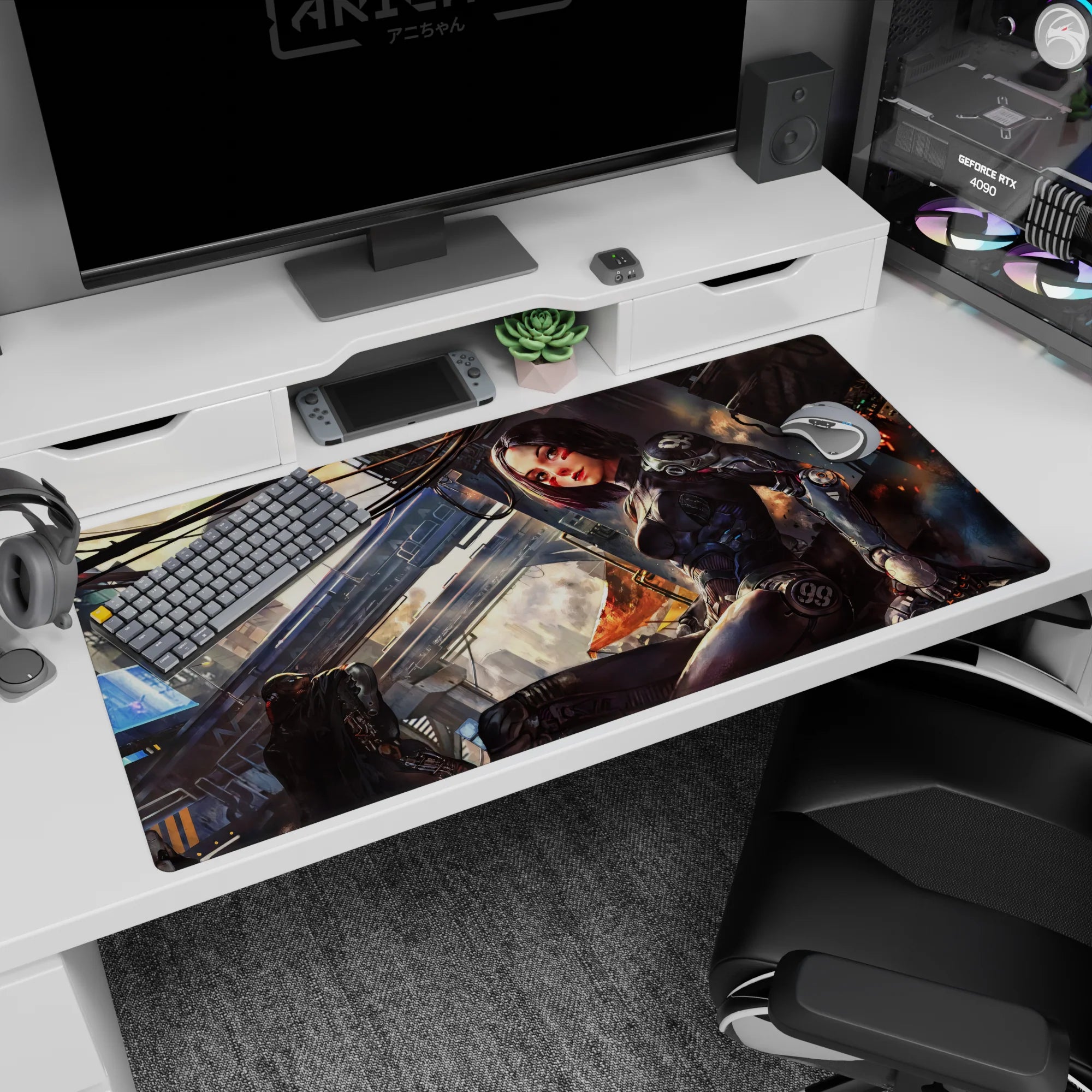 40x20 inches desk pad featuring a cyberpunk anime girl lounging knee-up on a rooftop with cables overhead.