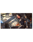 Anime girl mouse pad 32x16 inches with cyber armor, black bob haircut, and neon rooftop city backdrop.
