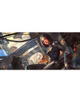 36x16 inches anime girl desk pad with neon noir cyber armor, sleek black bob, detailed panels, rooftop pose.