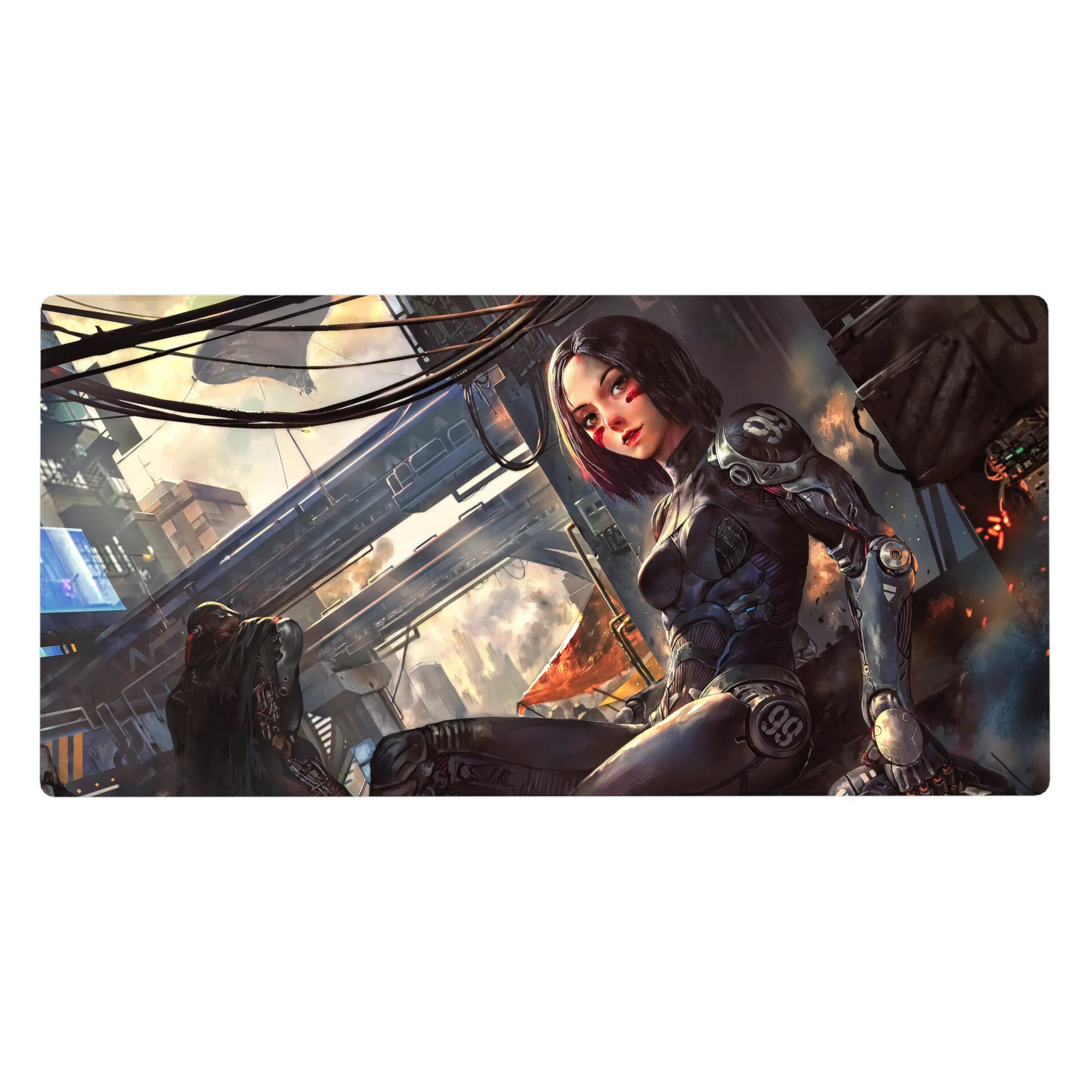 40x20 inches anime girl desk pad with neon noir cyber armor, black bob haircut, detailed rooftop city scene.