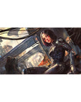 40x20 inches anime girl desk pad with neon noir cyber armor, black bob haircut, detailed rooftop city scene.