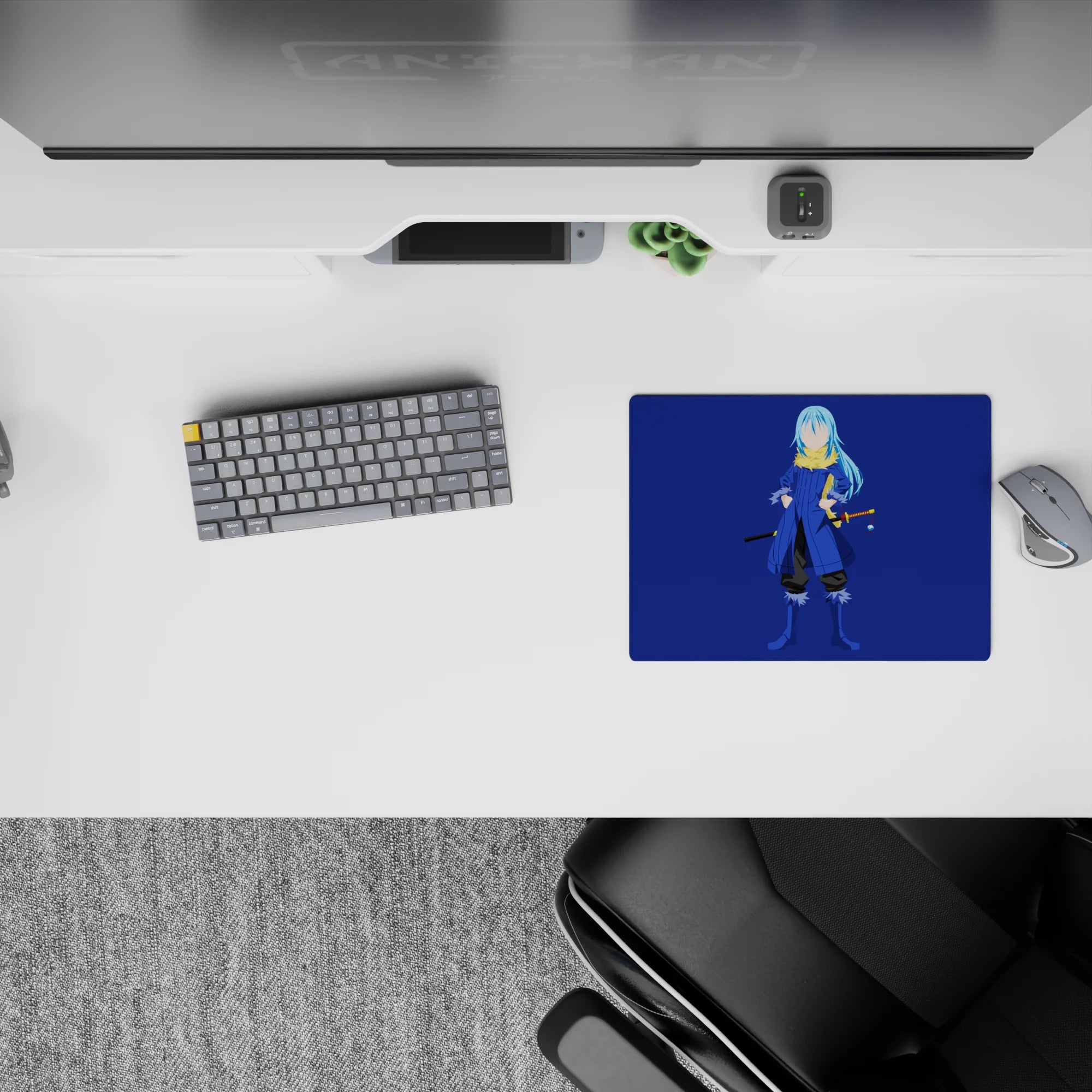 Cool-toned 14x10 inches anime mouse pad in deep navy, cobalt blue coat and gold scarf, calm vibe.