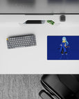 Cool-toned 14x10 inches anime mouse pad in deep navy, cobalt blue coat and gold scarf, calm vibe.