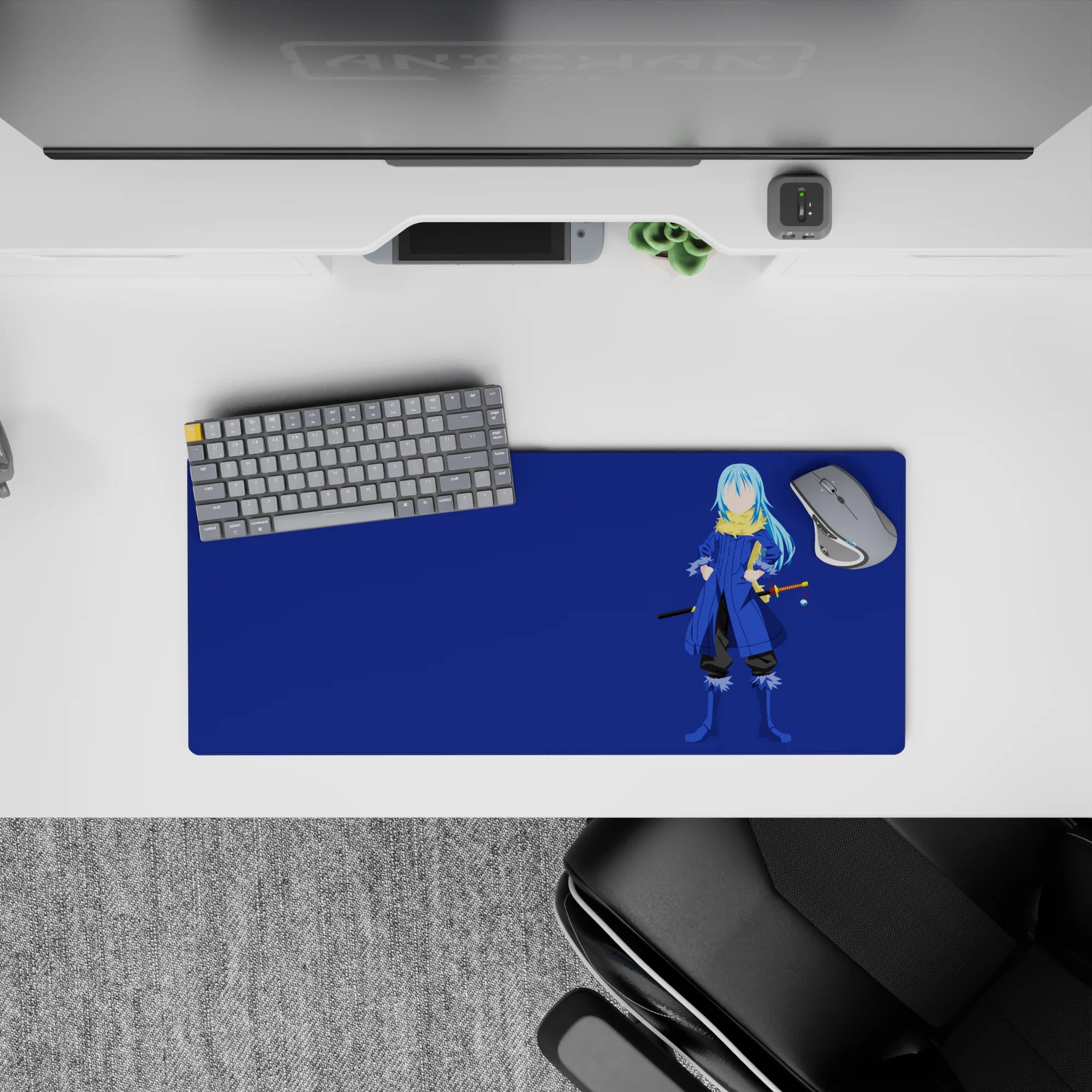 Cool navy and cobalt anime mouse pad 28x12 inches with calm, clean look and gold scarf accents.
