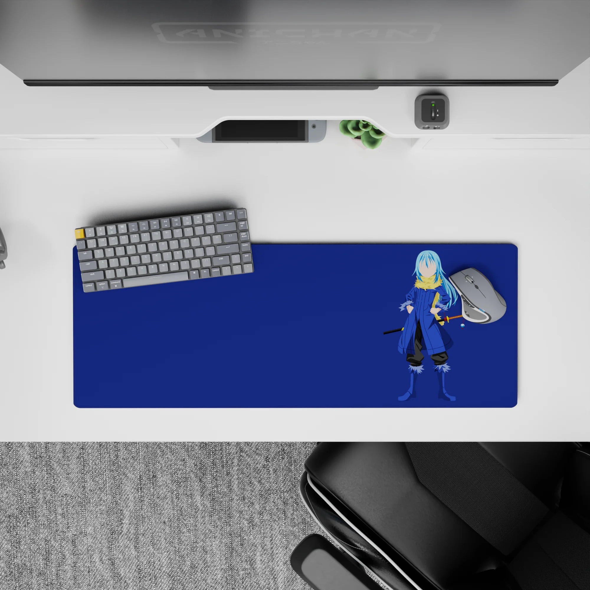 32x12 inches anime mouse pad in cool navy and cobalt tones, calm minimalist vibe with gold scarf pop.