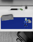 32x12 inches anime mouse pad in cool navy and cobalt tones, calm minimalist vibe with gold scarf pop.