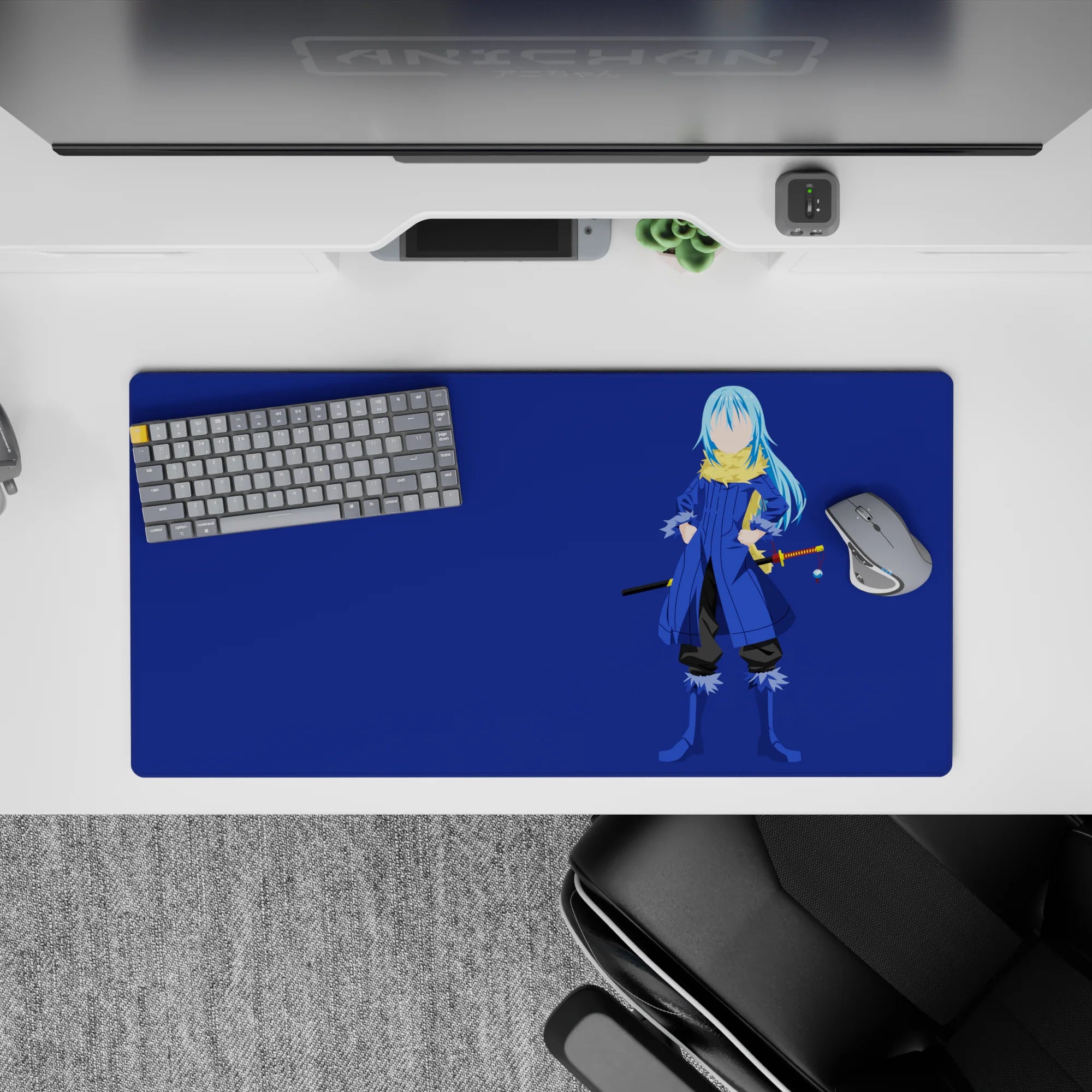Cool-toned anime mouse pad 32x16 inches in cobalt and navy with gold scarf accents, calm vibe.