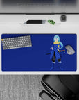 Cool-toned anime mouse pad 32x16 inches in cobalt and navy with gold scarf accents, calm vibe.