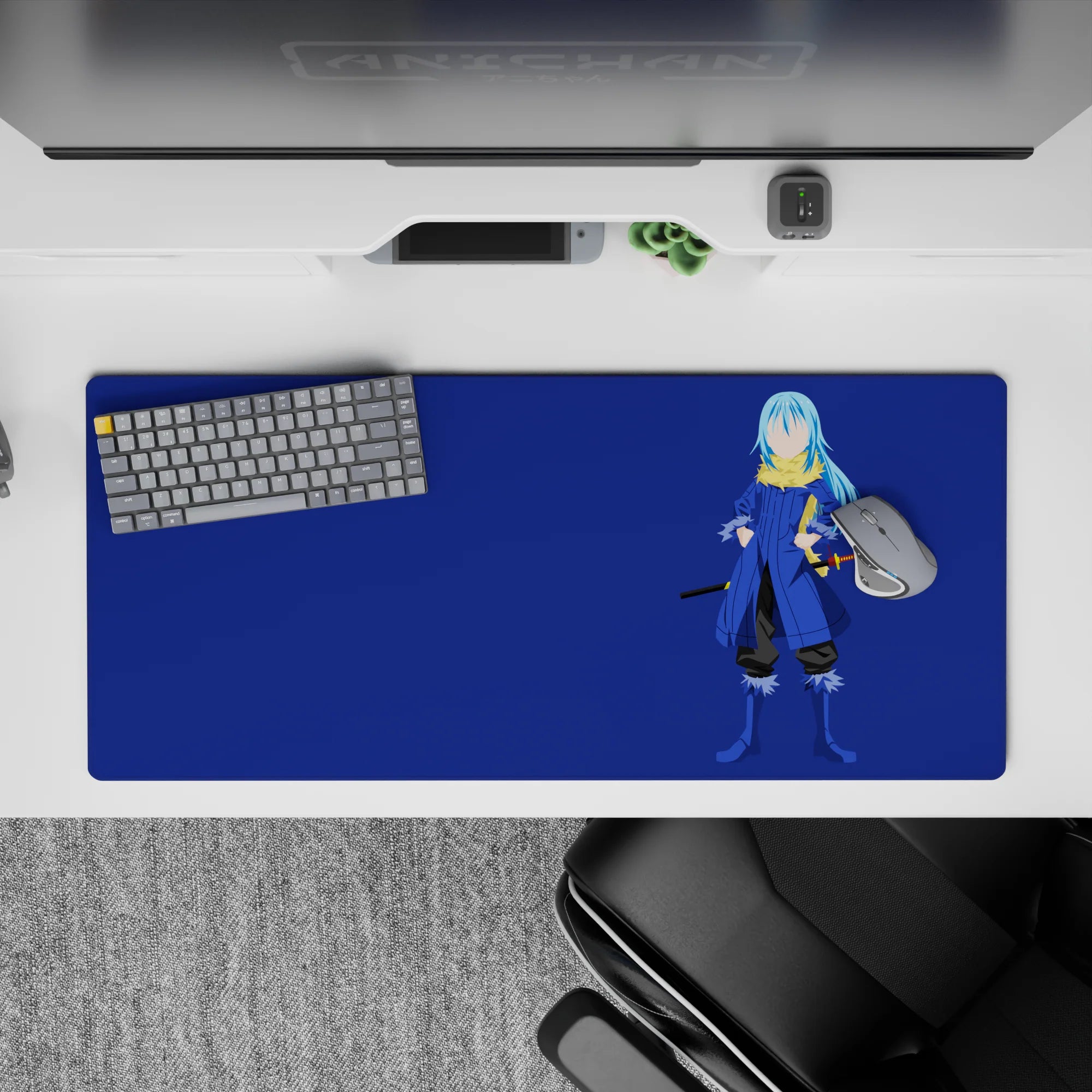 36x16 inches anime desk pad in deep navy with cobalt and gold accents, clean calm vibe, lots of space.