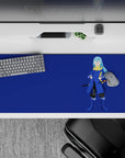 36x16 inches anime desk pad in deep navy with cobalt and gold accents, clean calm vibe, lots of space.