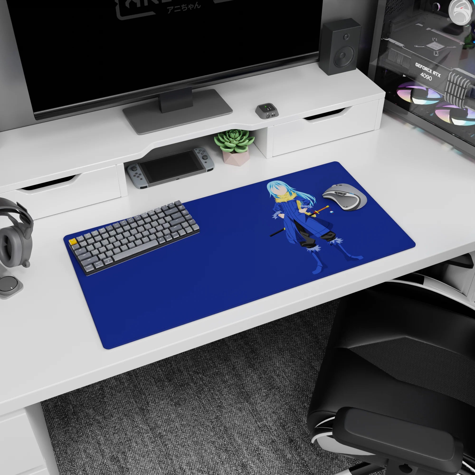 Blue-haired swordsman in long coat with katana on navy backdrop anime mouse pad 32x16 inches.