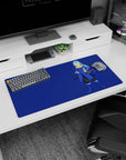 Blue-haired swordsman in long coat with katana on navy backdrop anime mouse pad 32x16 inches.