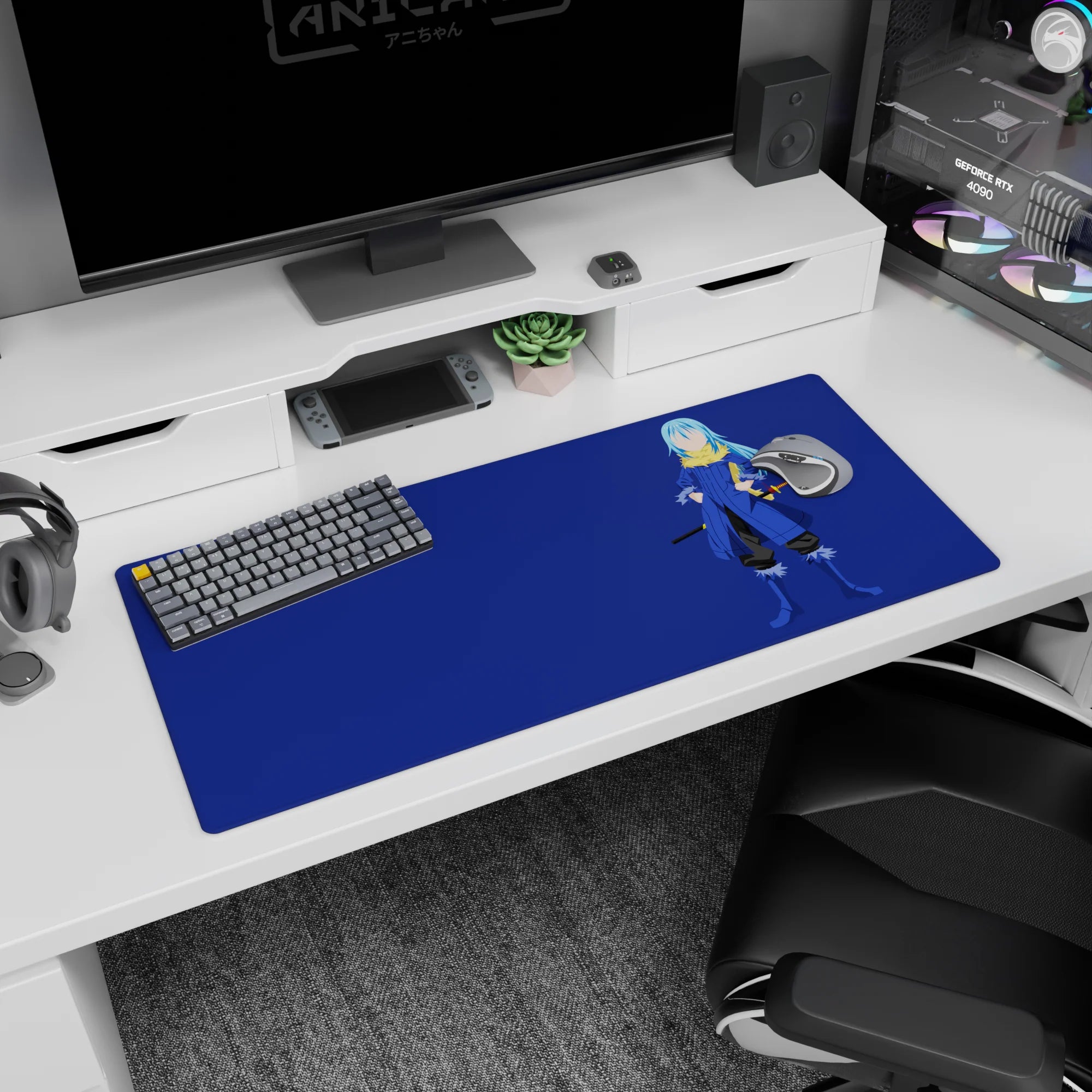 36x16 inches anime desk pad featuring blue-haired swordsman in cobalt coat and gold scarf holding a katana.