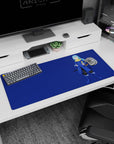 36x16 inches anime desk pad featuring blue-haired swordsman in cobalt coat and gold scarf holding a katana.