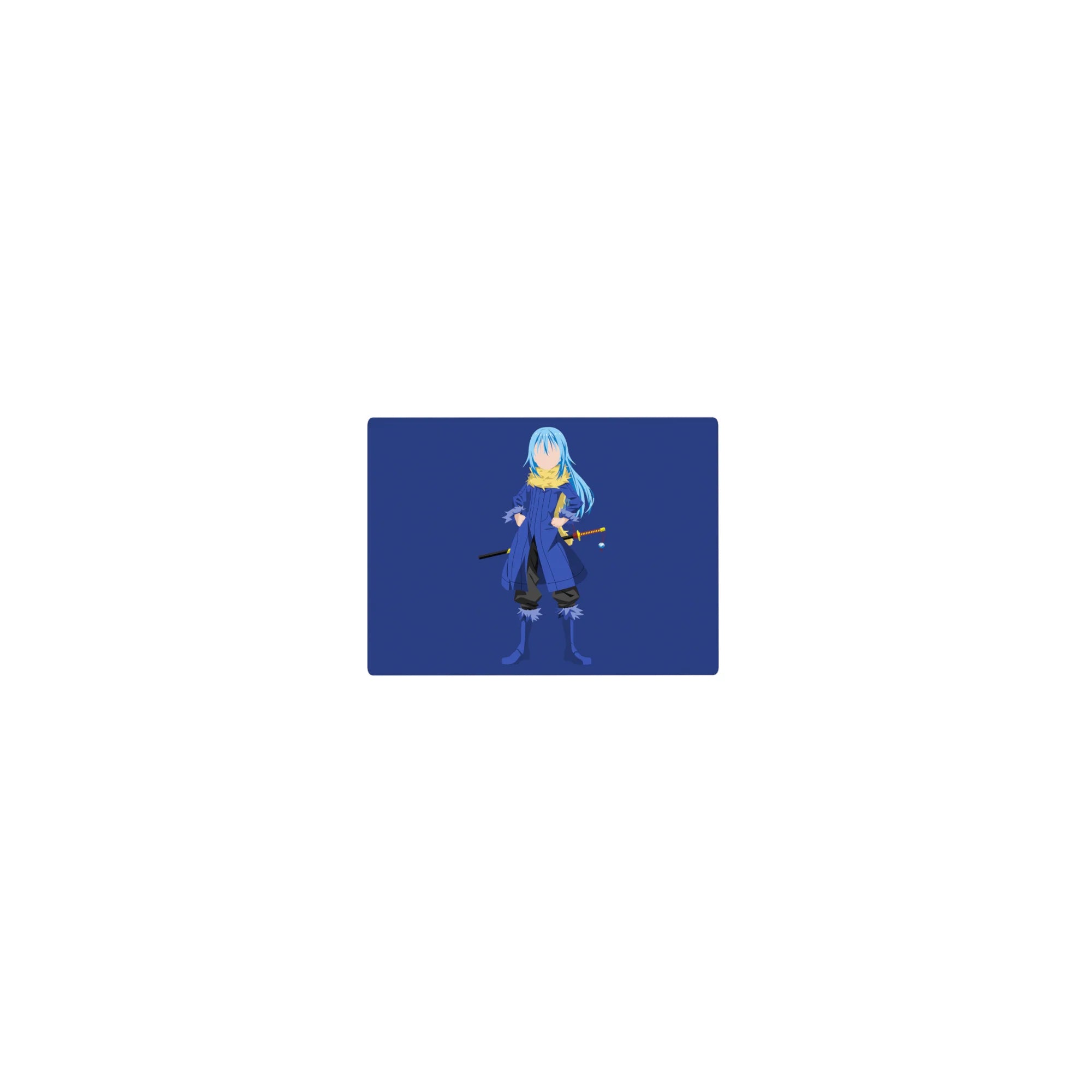 Classic anime mouse pad 14x10 inches with blue-haired swordsman on navy background, minimalist style.