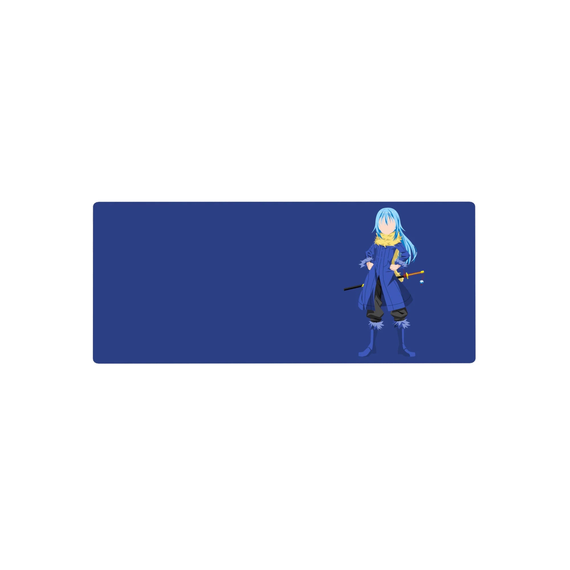 Minimalist anime mouse pad 28x12 inches with blue-haired swordsman on deep navy background.