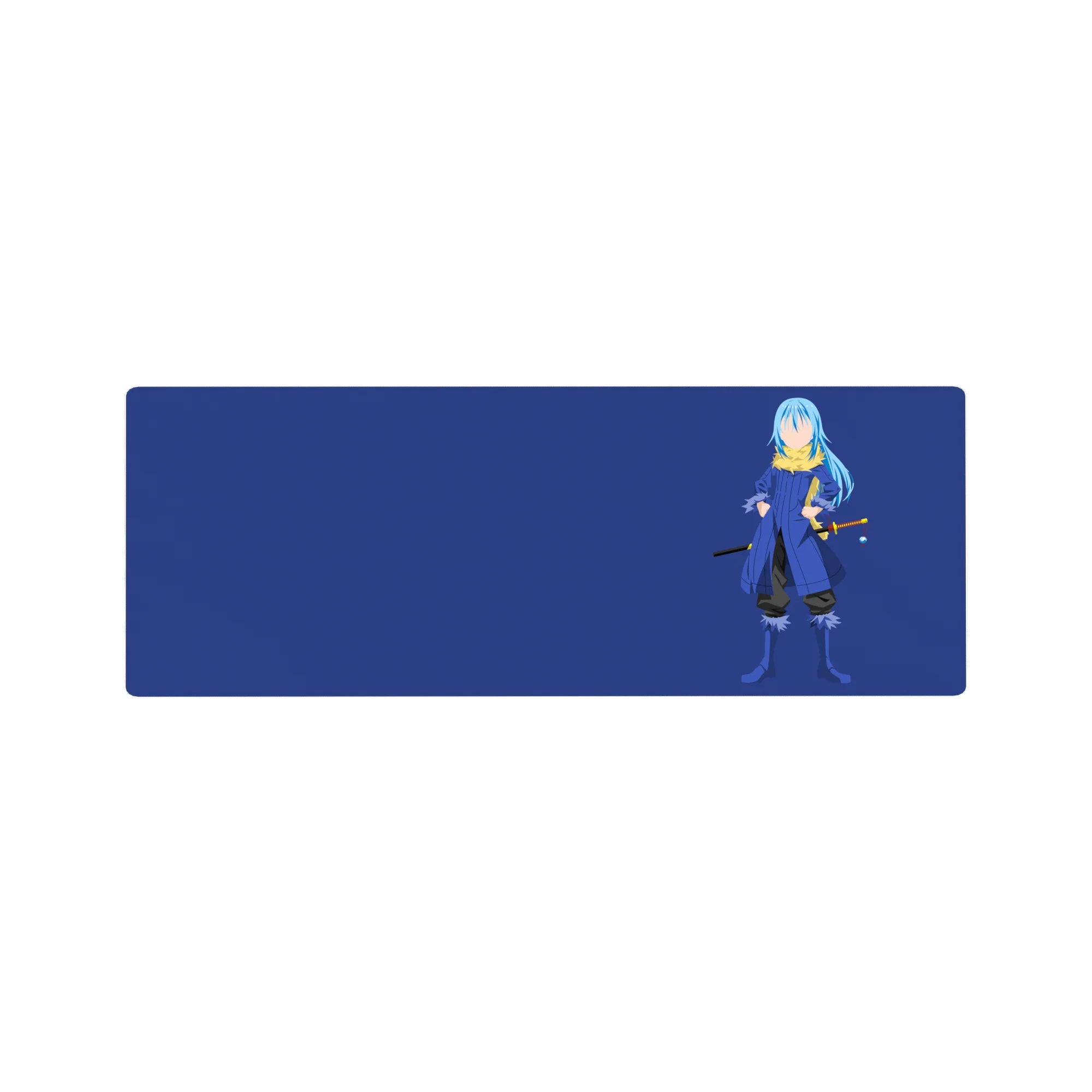 32x12 inches anime mouse pad with blue-haired swordsman on deep navy background, minimalist desk mat.