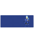 32x12 inches anime mouse pad with blue-haired swordsman on deep navy background, minimalist desk mat.